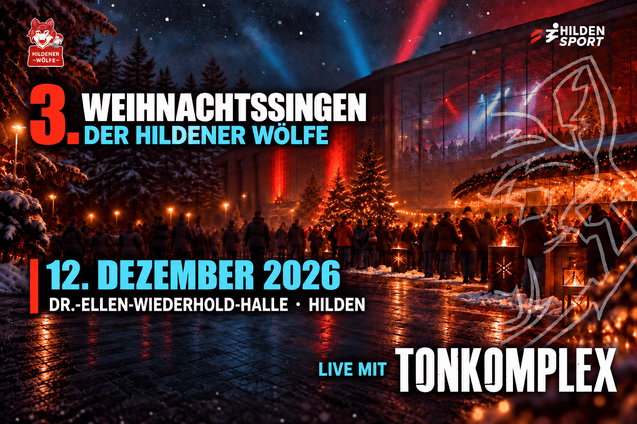 Plakat für das Weihnachtsingen der Hildener Wölfe mit Datum, Ort und Veranstaltungshinweis auf Tonkomplex.