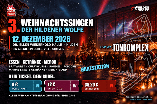 Ein Promotion-Plakat für das Weihnachtsingen der Hildener Wölfe am 12. Dezember 2026 mit Informationen zu Tickets, Essen und Unterhaltung.