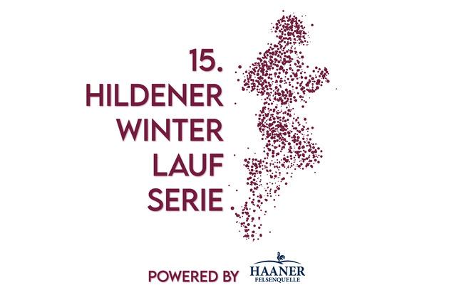 Logo der 15. Hildener Winter Lauf Serie mit einem laufenden Menschen und dem Schriftzug „powered by Haaner“ in blauer Schrift.