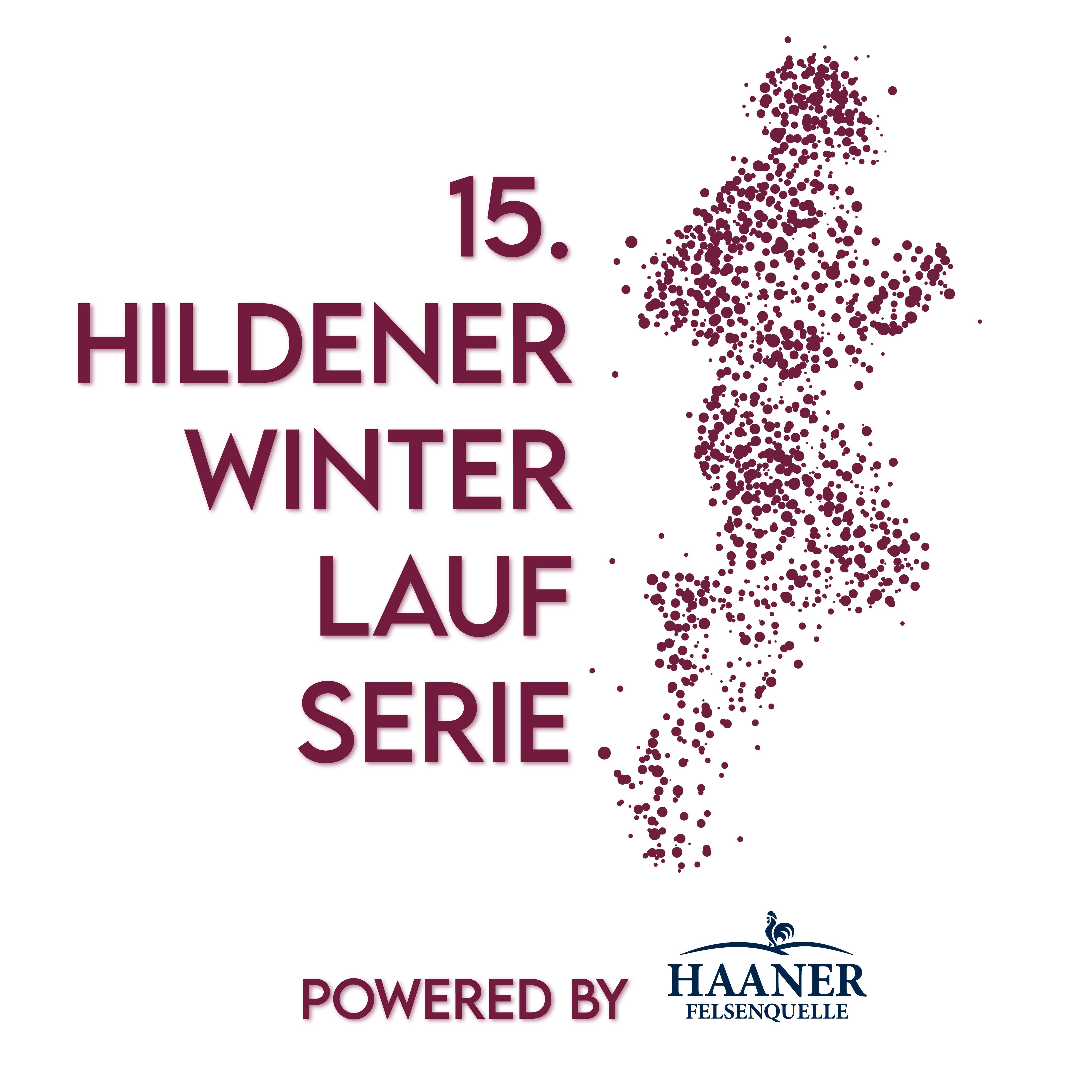 Logo der 15. Hildener Winterlauf-Serie mit streuenden Punkten und dem Schriftzug „powered by Haaner Felsenquelle“.