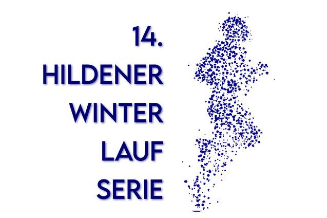 Logo der 14. Hildener Winterlaufserie mit Schriftzug und grafischem Läufer in blauen Punkten auf weißem Hintergrund.
