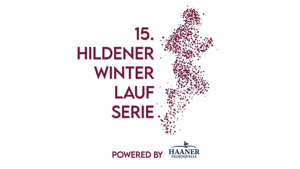 Logo der 15. Hildener Winter Lauf Serie mit einem laufenden Menschen und dem Schriftzug „powered by Haaner“ in blauer Schrift.