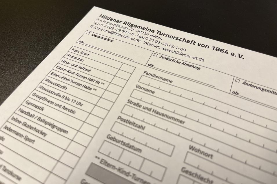 Formular der Hildener Allgemeinen Turnerschaft von 1864 e.V. mit sportlichen Anmeldedaten und persönlichen Angaben.