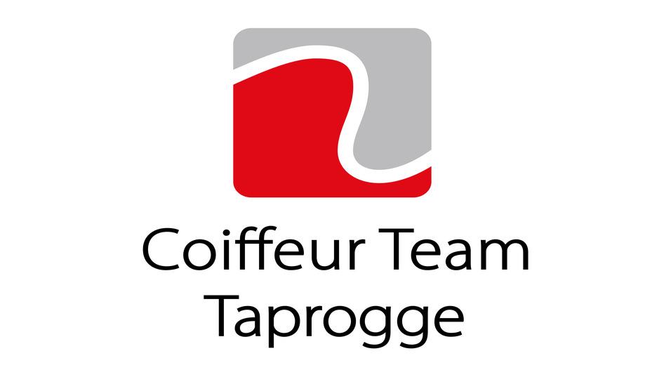 Logo des Coiffeur Teams Taprogge mit geschwungener grafischer Darstellung in Rot und Grau.